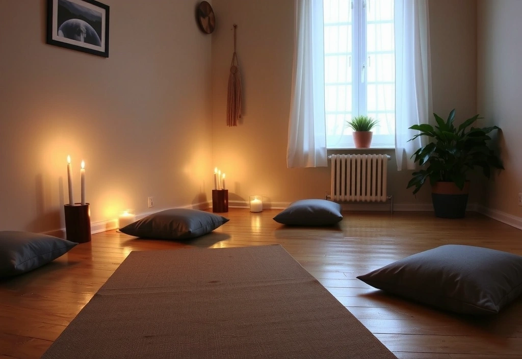 A peaceful meditation corner with cushions, candles, and subtle decor, perfect for contemplation.