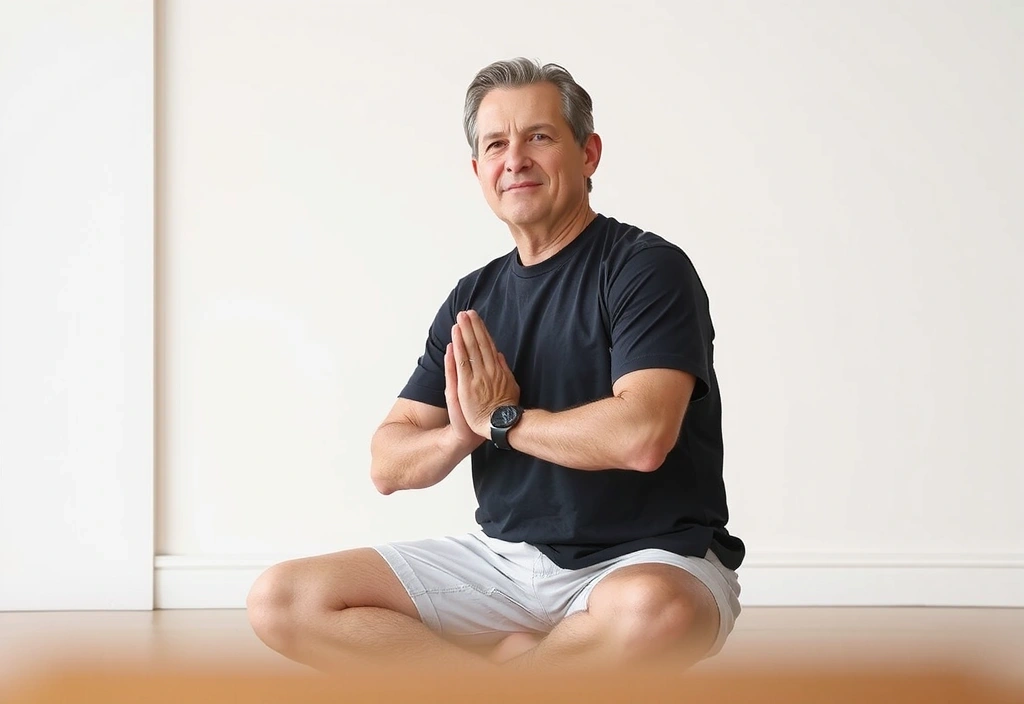 A calm male yoga instructor meditating, radiating peace and wisdom.