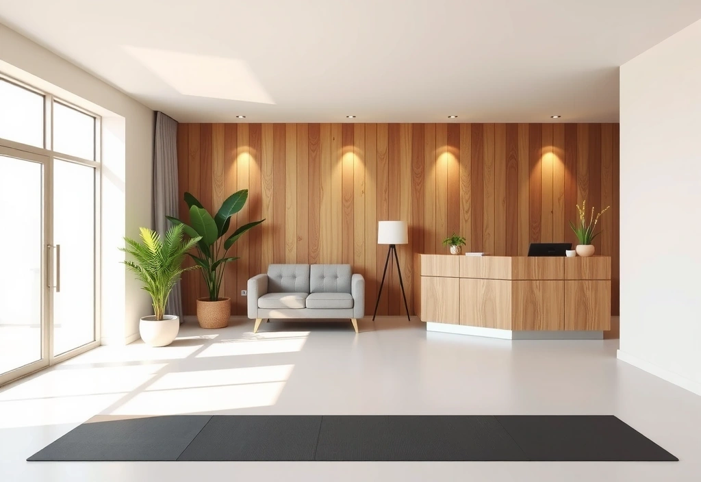 A cozy reception area of a yoga studio with natural wood and soft lighting, welcoming visitors.