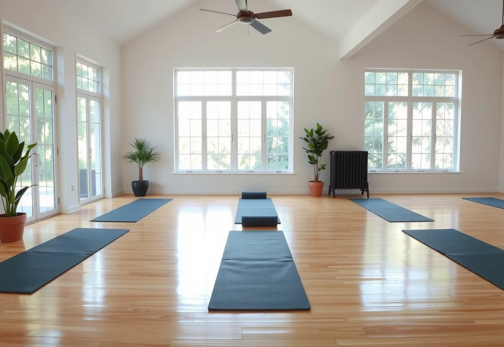 A sunlit yoga room with wooden floors, large windows, and green plants, creating a peaceful atmosphere.