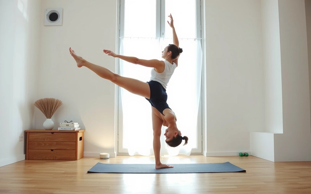 A person performing a balancing yoga pose on a mat, demonstrating strength and focus.