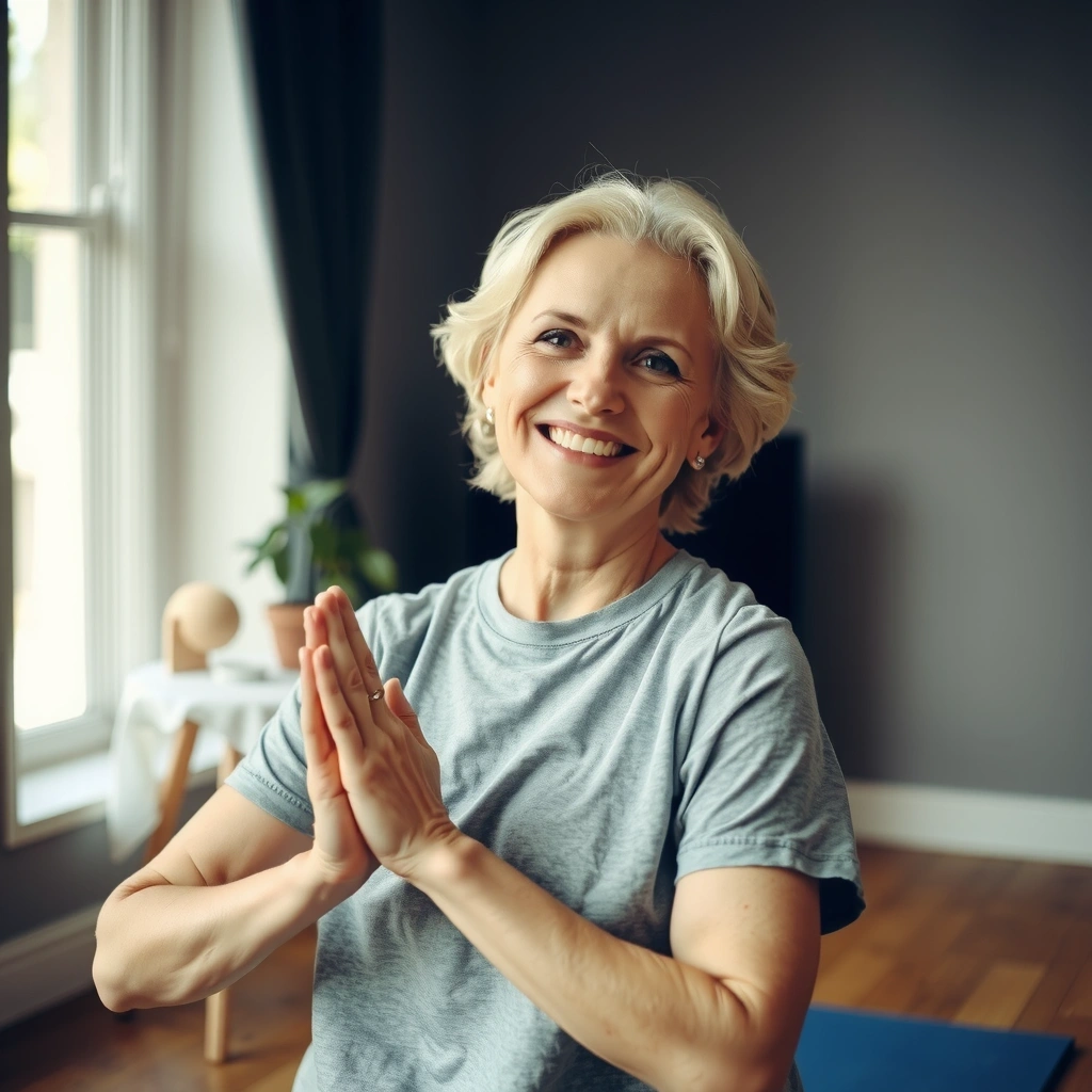 A smiling woman in her 60s practicing gentle yoga, radiating peace.