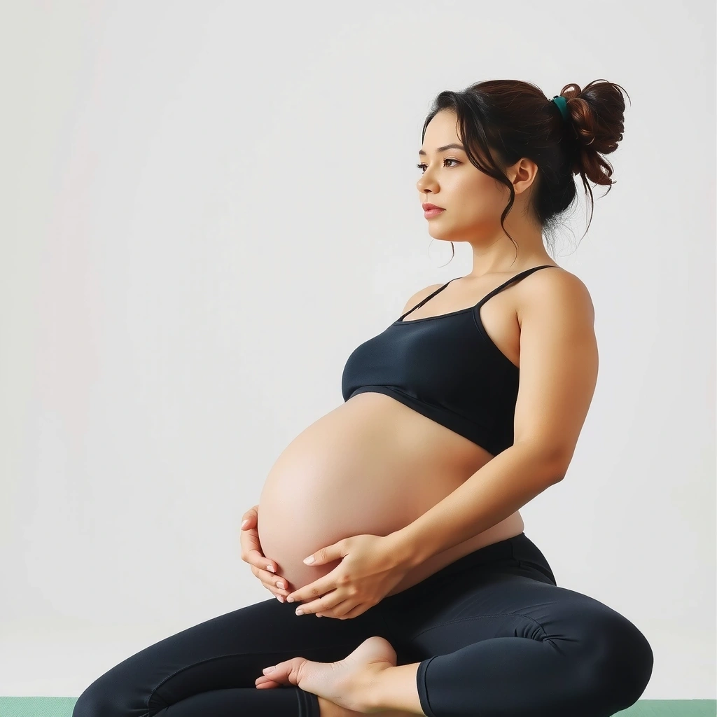 A pregnant woman doing prenatal yoga, looking serene and connected.