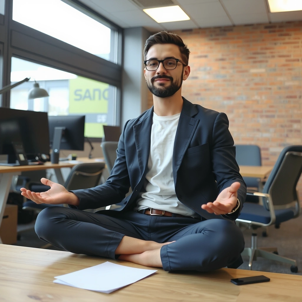 A young professional man meditating in a quiet office setting, looking calm.