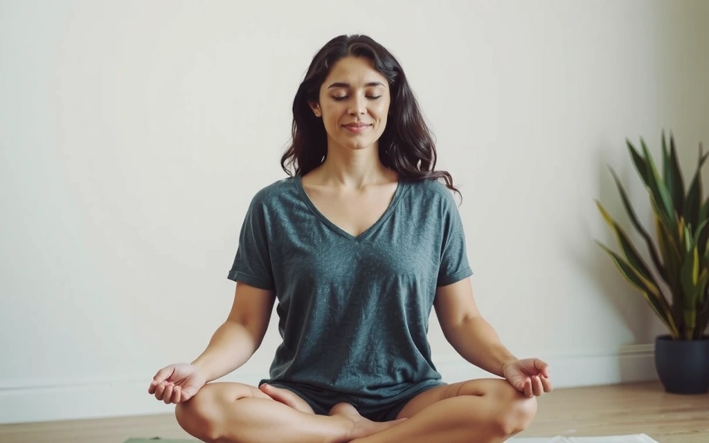 A person sitting in a comfortable meditation posture, with eyes closed and a peaceful expression, in a tranquil setting.