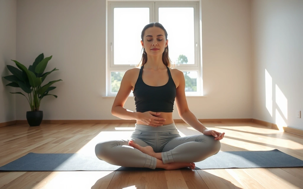 A person meditating in a serene, sunlit yoga studio, focusing on breathwork with calm expression.