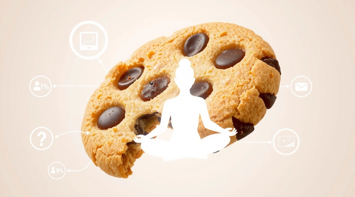 Abstract illustration of a cookie with a yoga pose silhouette and digital lines representing data flow