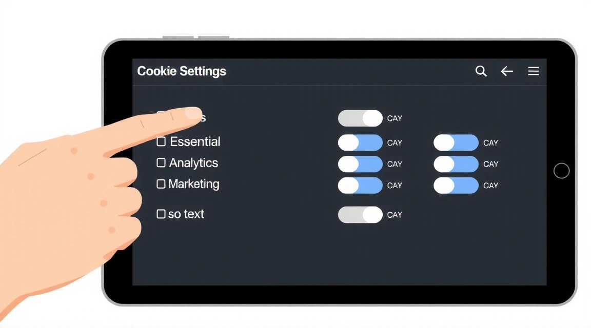 Graphic representation of a cookie settings panel with sliders and checkboxes for user control