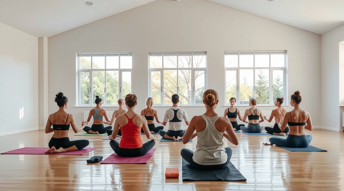 A serene group of people meditating in a sunlit yoga studio, emphasizing community and well-being.
