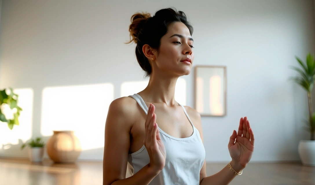 A serene yoga practitioner in a meditation pose, surrounded by soft light, symbolizing inner peace and balance.
